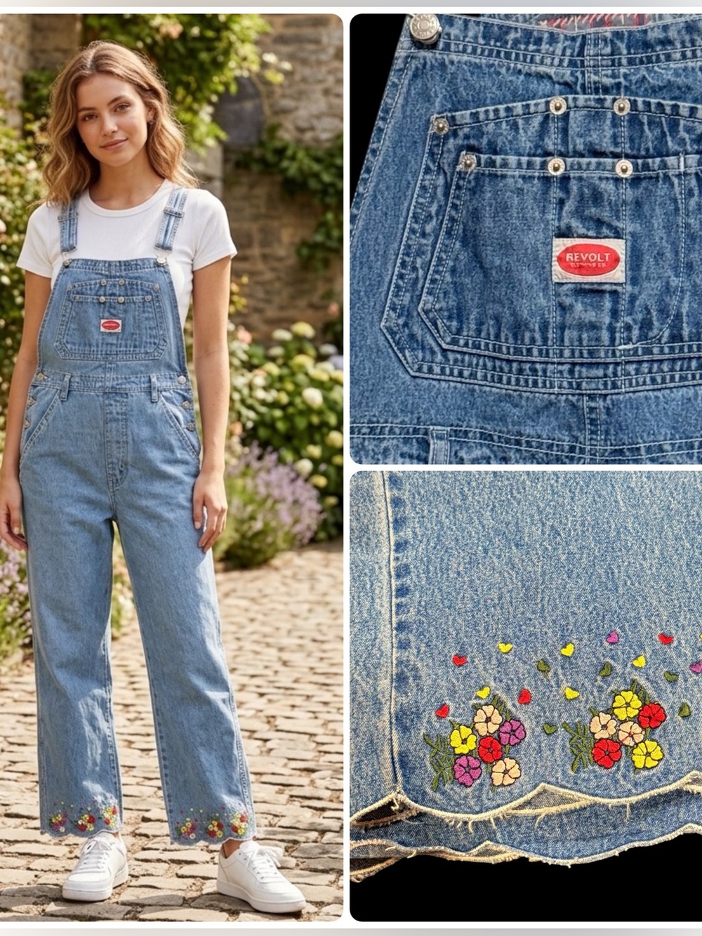 Vtg 90s Revolt size M Scalloped Embroidered Hem Blue Denim Jean Bib Overalls